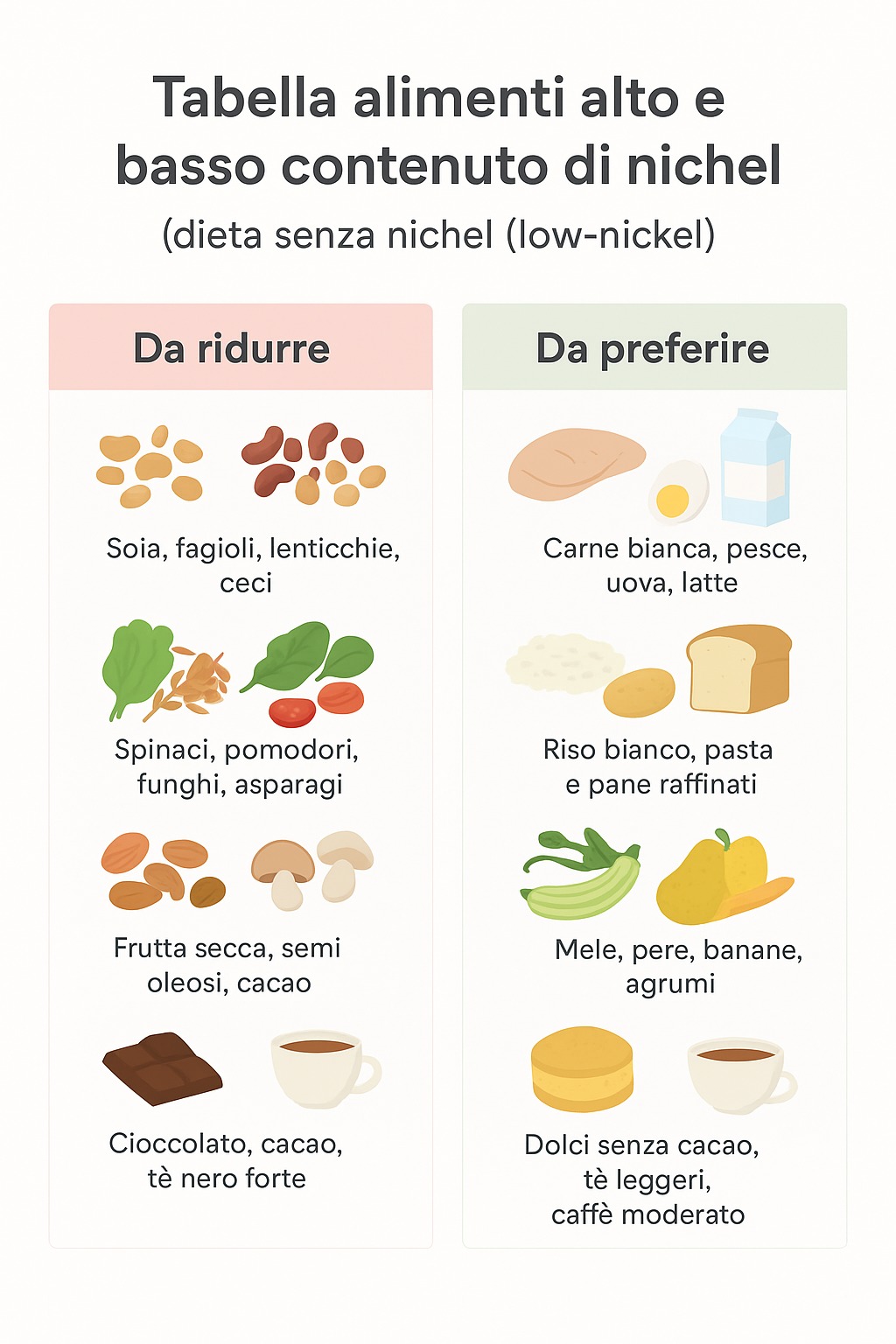 tabella alimenti basso contenuto nichel